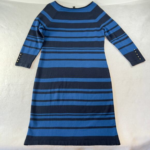 Ann Taylor Knit Dress Just Above the Knee Woman S Blue Stripe Gold Button Detail - Picture 3 of 11